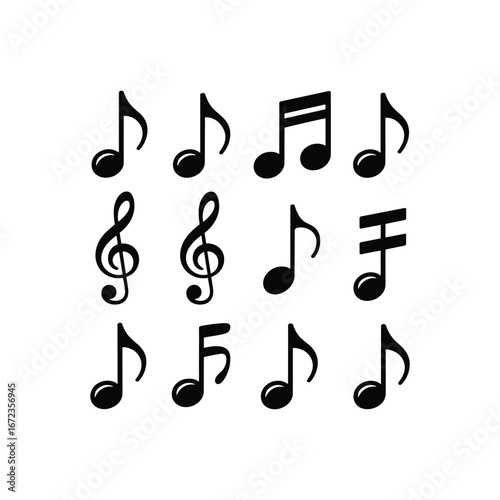 Collection of hand drawn musical notes and symbols on white background