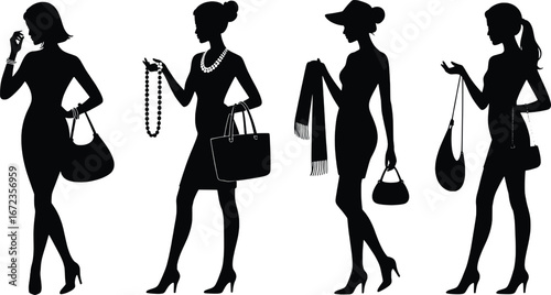 Elegant fashionable women silhouettes displaying stylish accessories handbags jewelry scarves