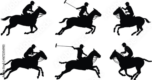 Dynamic silhouettes of polo players on horseback in action capturing the thrill of the sport