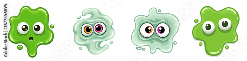 Cartoon green blobs with eyes expressing different emotions, Bold vector concept, pair of googly eyes in a puddle of ectoplasm, Halloween, set 4 illustrations    