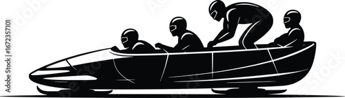Four person bobsled team accelerating down olympic ice track dynamic action silhouette