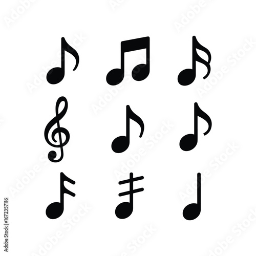 Collection of black music notes and symbols on white background