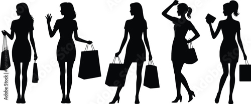 Diverse women silhouettes with shopping bags capturing fashion retail and consumerism