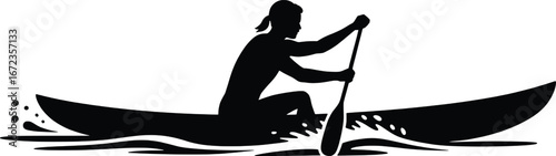 Silhouette of person canoeing down a river with a paddle in the water