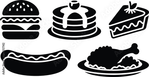 Collection of delicious fast food icons and symbols representing popular american cuisine and desserts