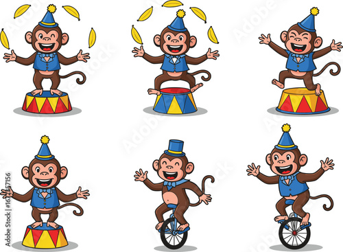 PrintFunny circus monkeys in costumes juggling bananas, riding unicycles, performing tricks, wearing hats, cartoon vector illustration for kids content