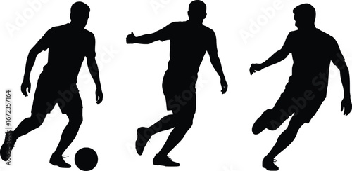 Dynamic soccer player silhouettes three distinct poses capturing football action and athleticism