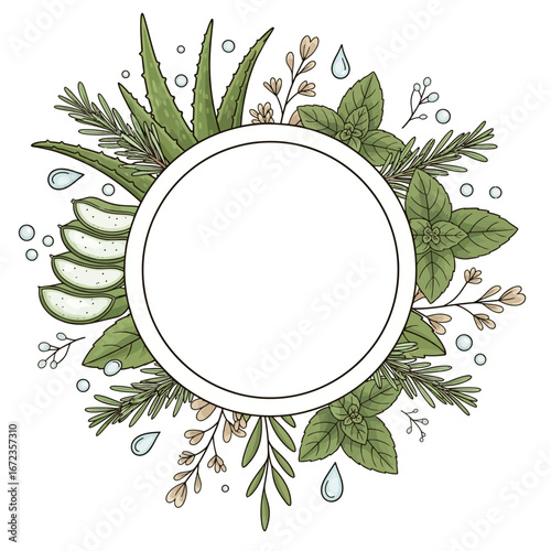 Herbal scalp treatment label with rosemary, aloe vera, and mint for hair care