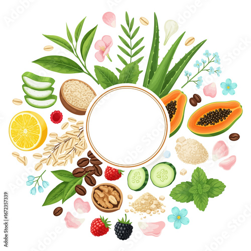 Natural face scrub label design with fruits, nuts, and botanical ingredients