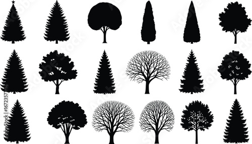 PrintTwenty diverse black tree silhouettes in grid layout featuring coniferous, deciduous, and leafless types for nature, botany, and design projects