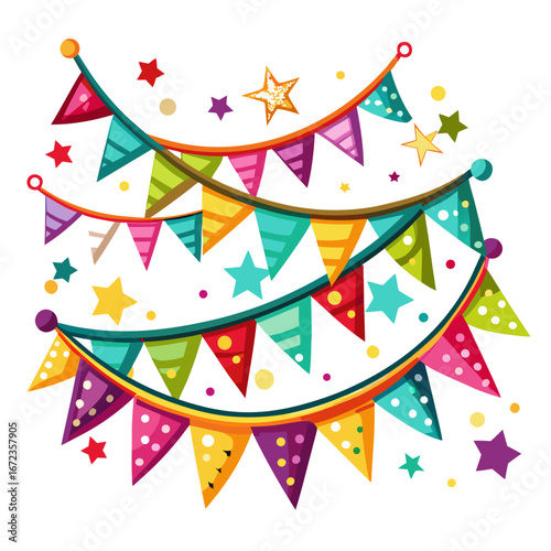 Colorful party bunting and stars isolated on white background isolated on transparent background