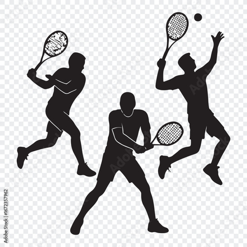 Silhouette Tennis Players in Action – Dynamic Sports Vector Illustration. tennis, sport, player, racket, ball, silhouette, woman, game, play, vector, athlete, playing, people, fun, illustration.