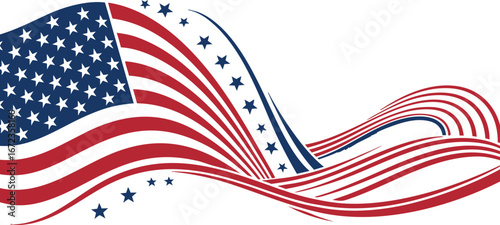 Abstract american flag waves flowing dynamic red blue white stars patriotism banner background vector