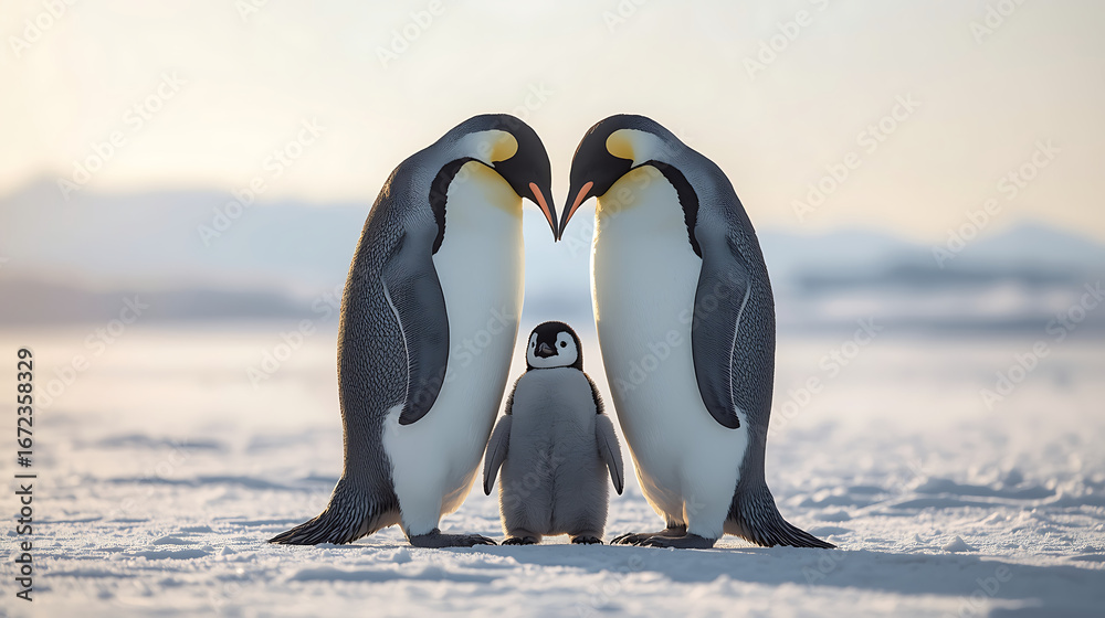 Obraz premium Emperor Penguin Parents with Chick in Snowy Antarctic Landscape Showing Tender Family Bond