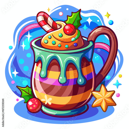 Festive hot chocolate mug with candy cane and whipped cream isolated on white background isolated on transparent background