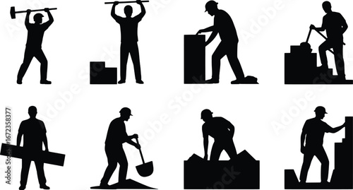 Silhouettes of laborers performing various manual tasks for construction and industry depicted in a grid arrangement