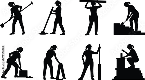 Diverse female silhouettes engaged in manual labor and construction activities