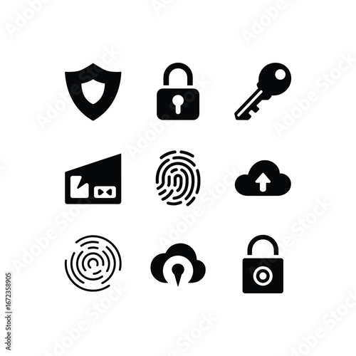 Collection of security and data protection icons including shield lock key fingerprint and cloud