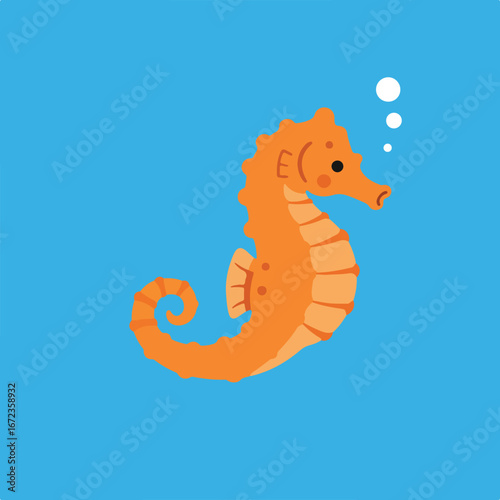 Orange seahorse floating in blue water with white bubbles near its head