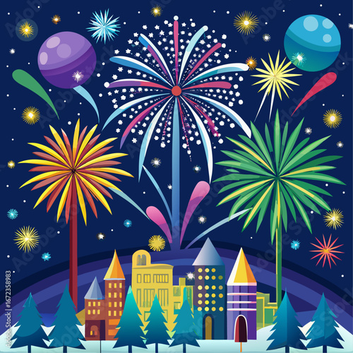 Colorful fireworks display above a stylized cityscape isolated on white background isolated on transparent background