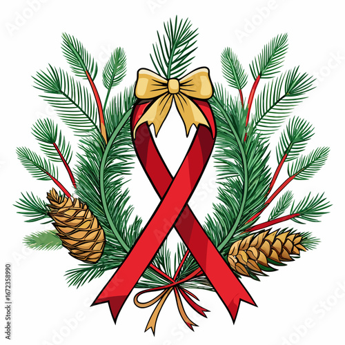 Red ribbon and pine cones decorated with christmas wreath isolated on white background isolated on transparent background
