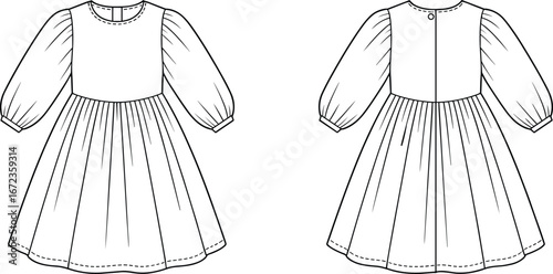 Long Sleeve Girls Dress Technical Fashion Flat Sketch with Back Button Closure and Gathered Skirt – Vector Template for Sewing Pattern Design