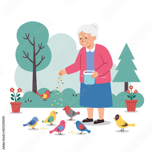 , keywords, and category for the image

 Woman Feeding Birds in Garden Enjoying Nature, Sharing Food, Outdoor Activity