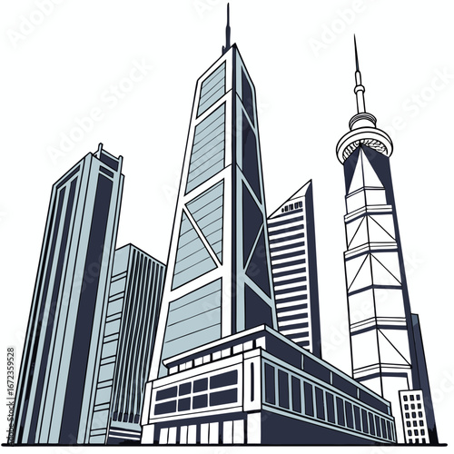 Stylized cityscape with modern skyscrapers and a tower