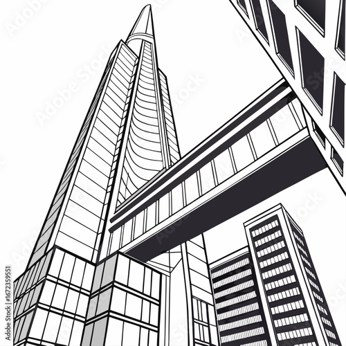 Modern cityscape with skybridge connecting tall buildings