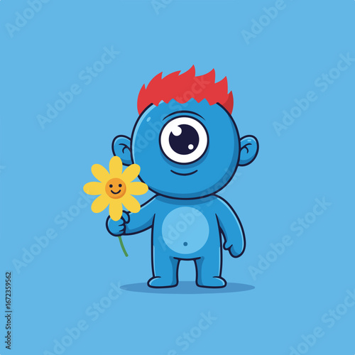 Alien Holding Flower, Light Blue Background.