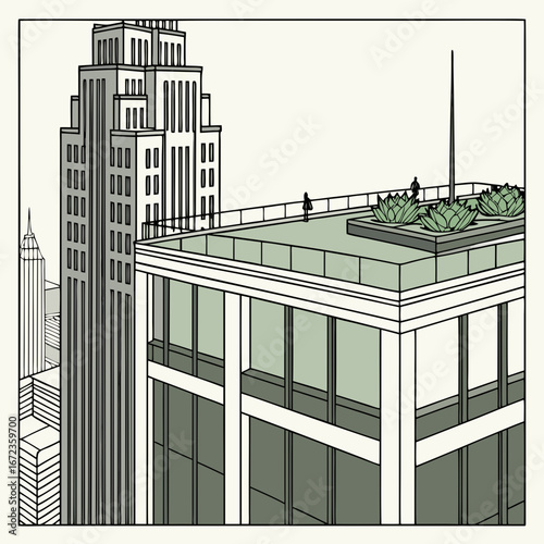City rooftop oasis with architectural views