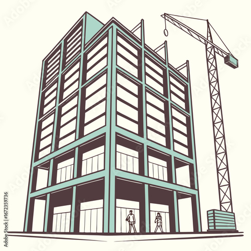 Modern building under construction with a tower crane