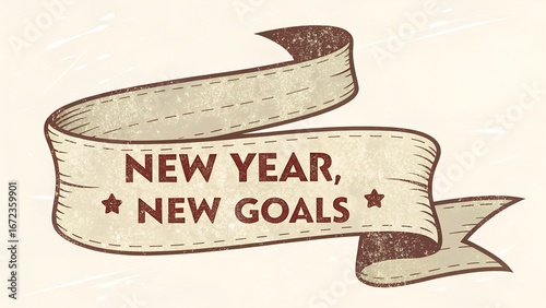 New year, new goals banner with stars and stitched edges on a textured background