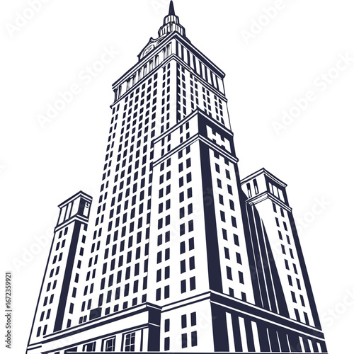 Stylized illustration of a tall skyscraper building