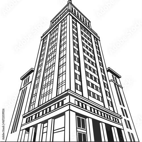 Black and white drawing of a tall skyscraper viewed from below