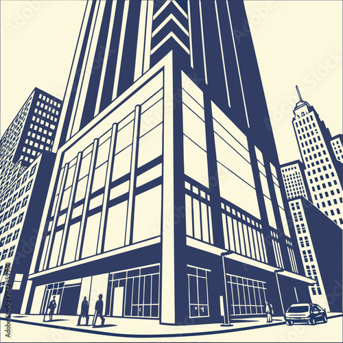Modern cityscape with tall buildings and people
