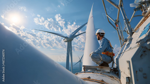 Engineer performing work on a wind turbine as part of renewable energy operations