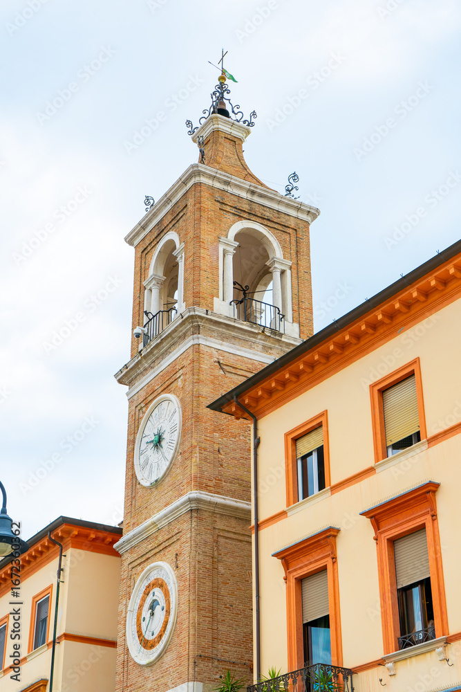 Obraz premium Rimini bell tower old Italian city center. House square tower. Italy, Rimini