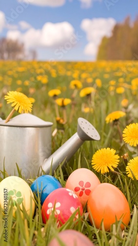 Easter eggs and watering can in a field