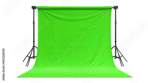 Bright, vibrant green backdrop, supported by black stands