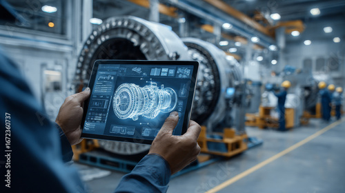 Industrial engineers use a tablet to review a 3D model of a clean energy engine inside a modern, high-tech manufacturing facility