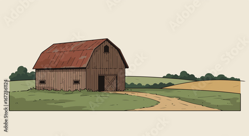Barn standing in a serene pastoral landscape with fields and trees