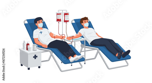 Two masked men responsibly donate blood, contributing to a vital healthcare supply while lying comfortably in recliners at a medical facility.
