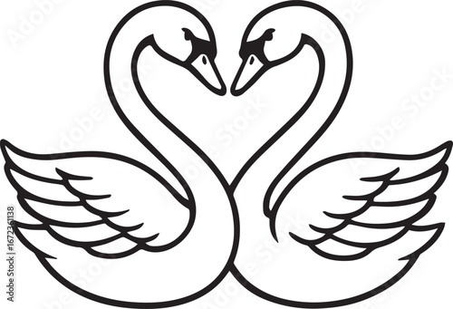 Swan Love: Two graceful swans intertwine their necks in a heart shape, a timeless symbol of love and unity. This elegant black and white illustration beautifully captures their connection.