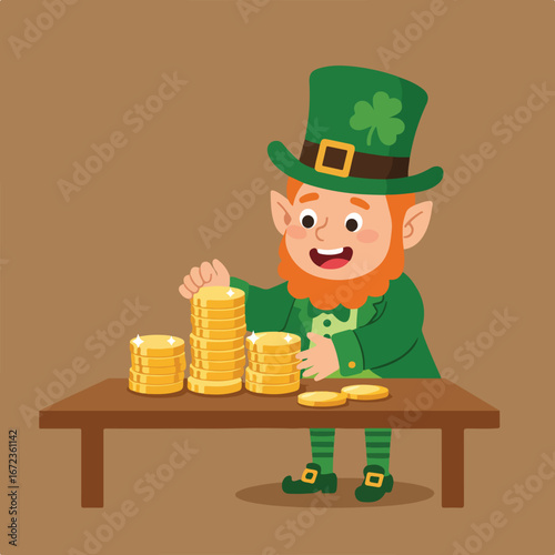 Cartoon leprechaun with orange beard counting gold coins on wooden table