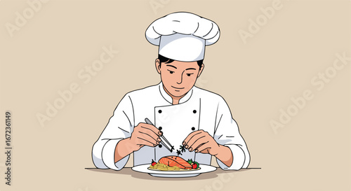 Chef Garnishing Salmon Plate in Restaurant