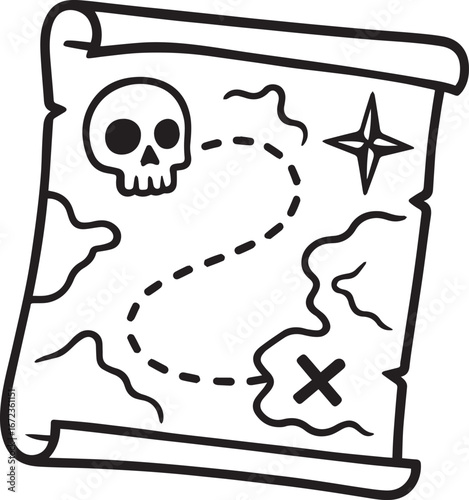 Treasure Map: Uncover the secrets with a classic treasure map illustration, adorned with nautical compass rose, skulls, and a winding route, leading to the coveted X marks the spot mark. 
