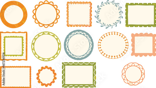 Colorful decorative frames and borders set, round and square label templates, vintage blank badge designs for DIY crafts and digital projects