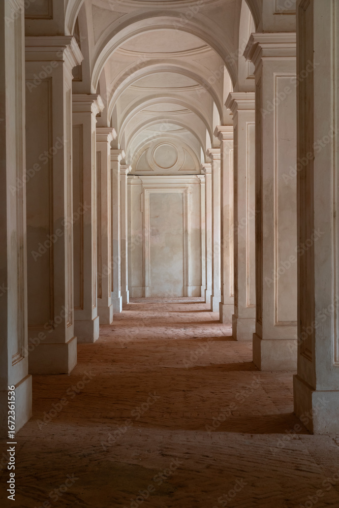 Fototapeta premium Clean long corridor perspective. Antique building, classic columns, minimalist interior.