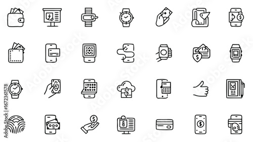 Modern payment and smartwatch icons set, digital wallet, contactless NFC, secure banking, e-commerce, finance, fintech line vector symbols